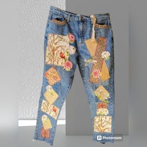 HAND CRAFTED Jeans UPCYCLED Blue Denim Patchwork Bird Floral Applique Size 10